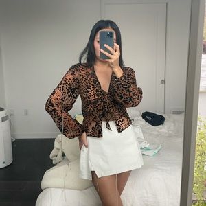 Vintage Cheetah Print textured velvet front tie long sleeve top